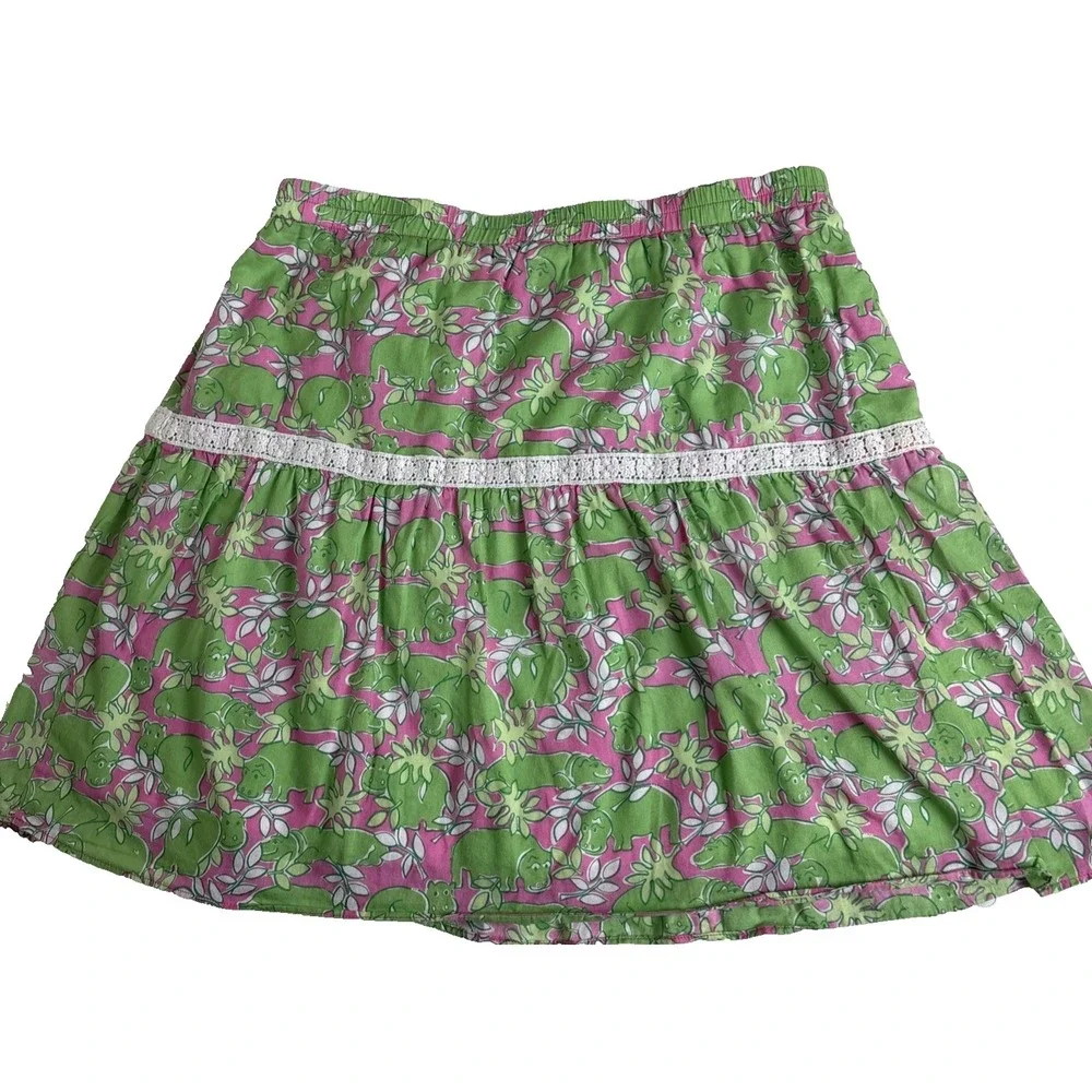 Vintage Lilly Pulitzer Skirt Girl 16 Elastic Waist Green Hippo Tropical Preppy
